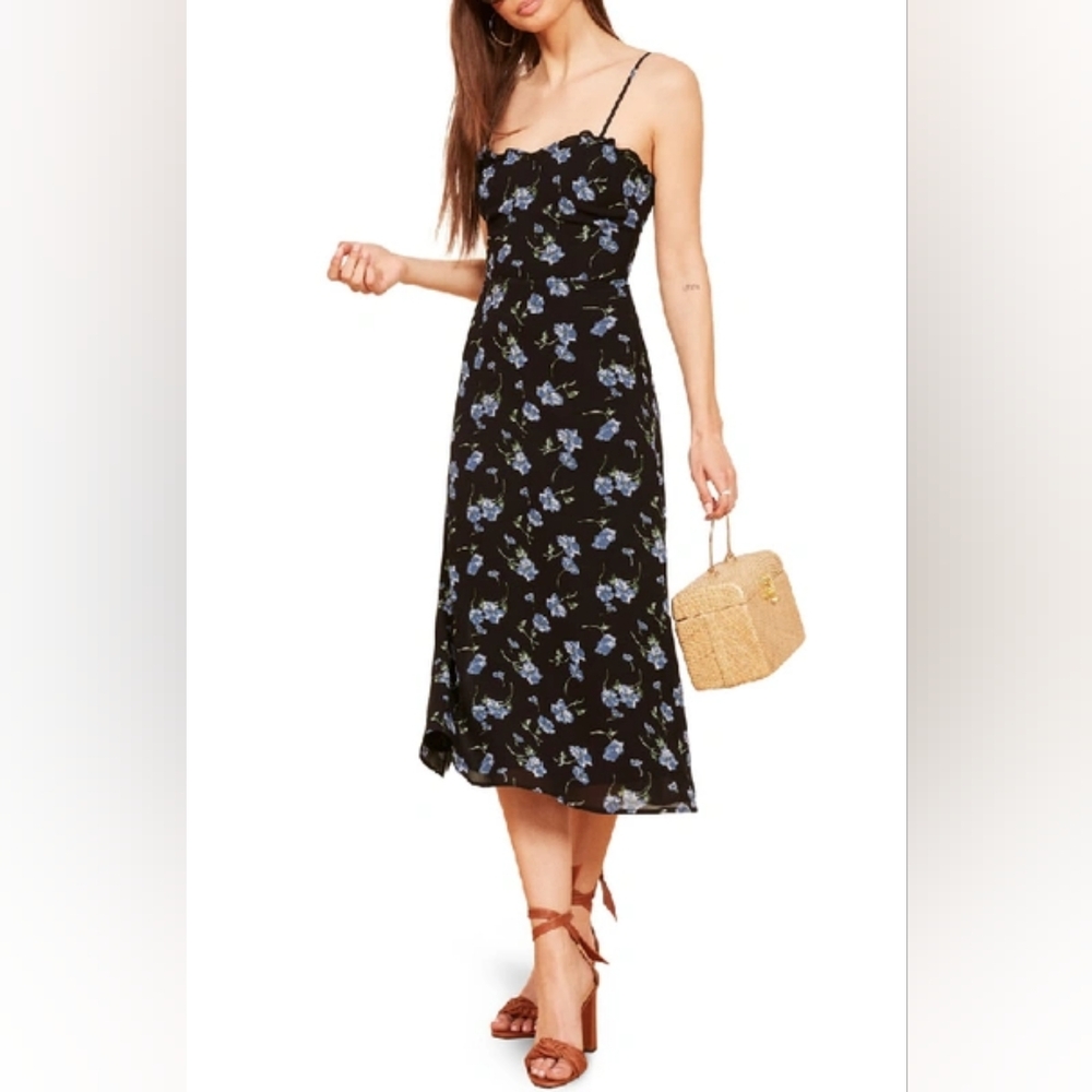 Reformation Cassandra Midi Side Slit Dress - September - Blue Floral - Size 6